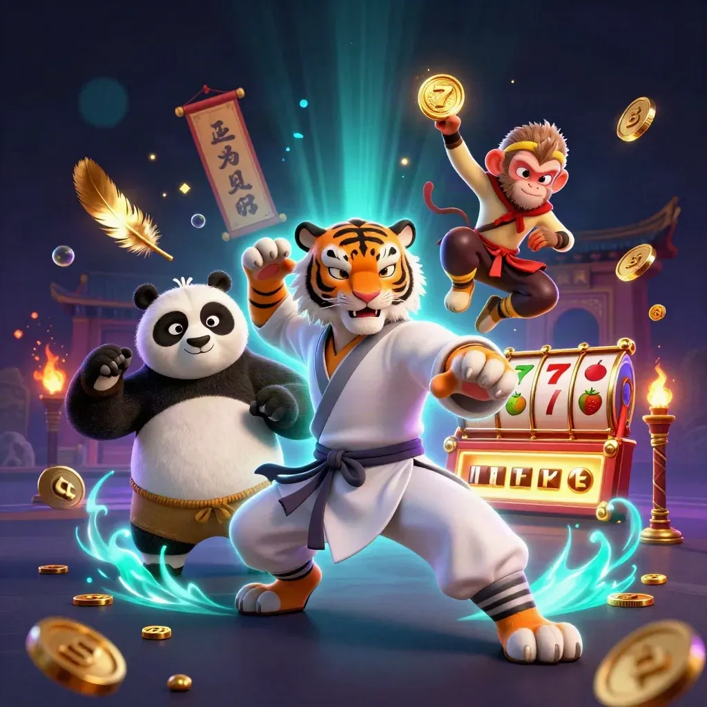 Kung-fu tiger, panda and monkey amid casino reels, coins and neon temple magic.