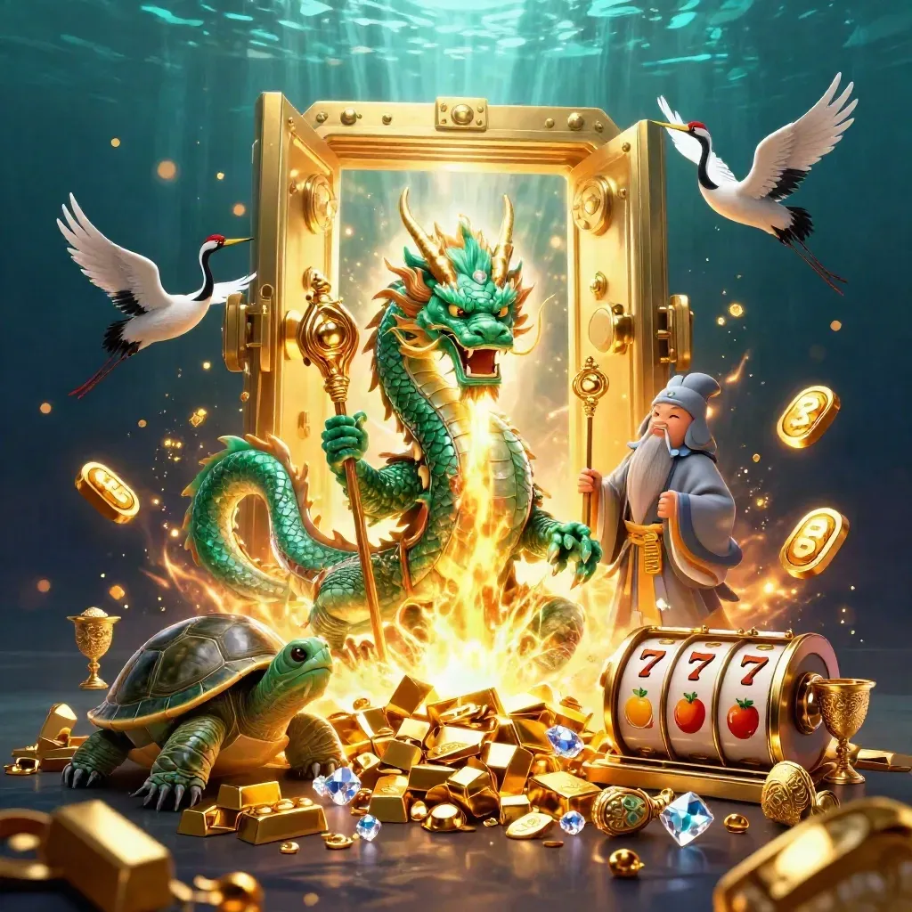 Jade dragon, turtle sage, and cranes amid a golden vault burst and casino symbols