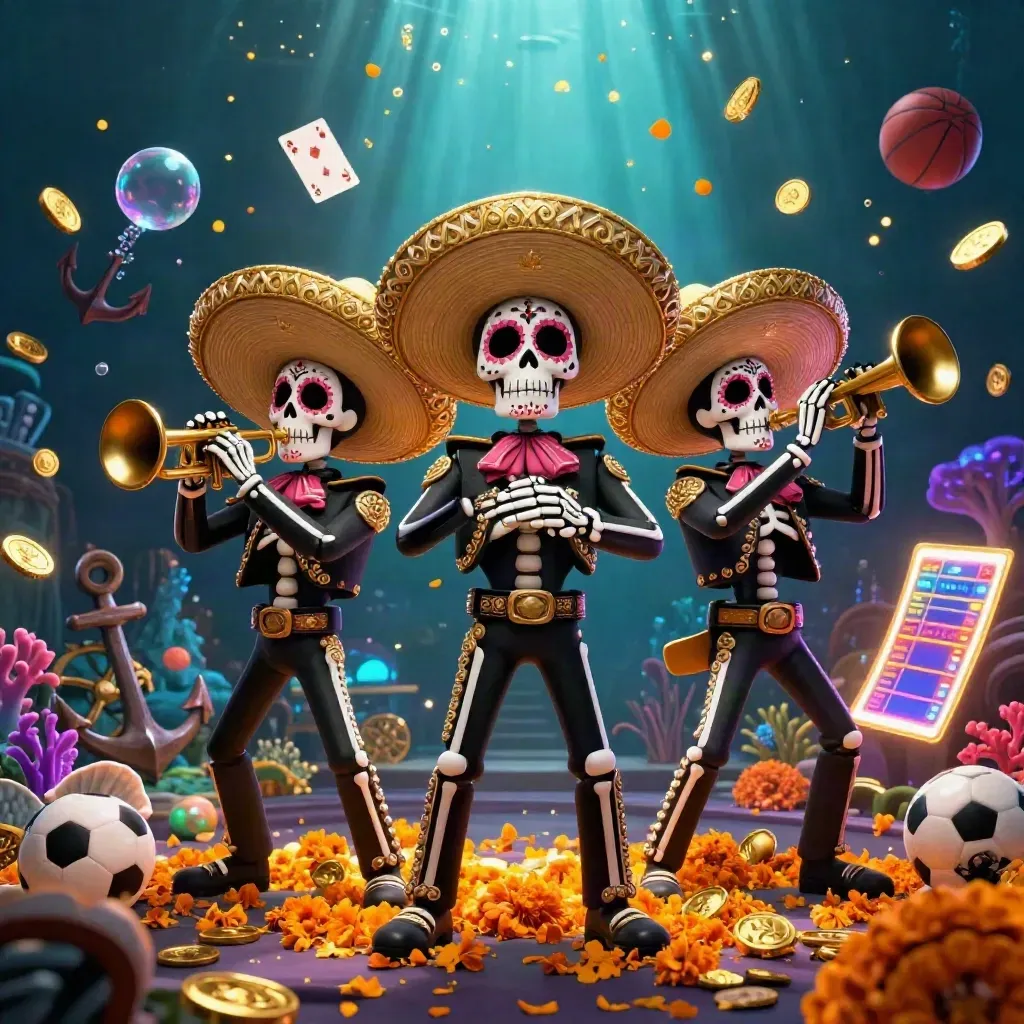 Three Day of the Dead mariachi skeletons amid treasure-cove casino effects and neon sports props.