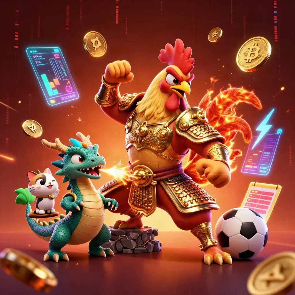 Rooster warrior, dragon hatchling and fortune cat amid neon casino coins and sports bet icons.
