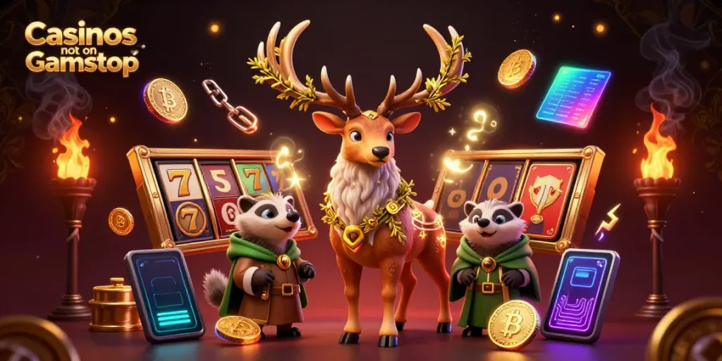 Engage with Casinos not on Gamstop featuring a druid stag and badger amidst a rich scene of slot reels and glowing cryptocurrency.