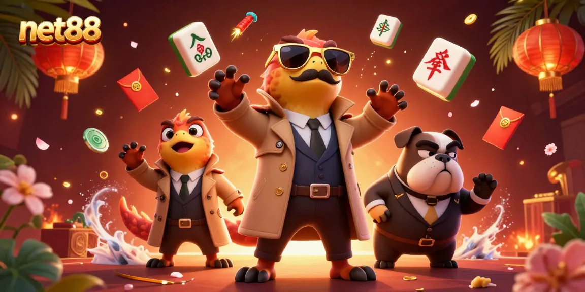 Three raptors disguised as a tall person enter a casino lounge in a net88 themed illustration.