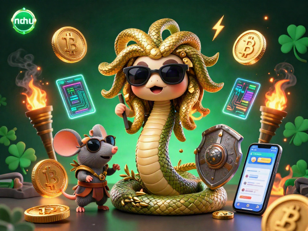 Nohu casino illustration showcasing a friendly Medusa and warrior mouse surrounded by crypto coins and vibrant game elements.