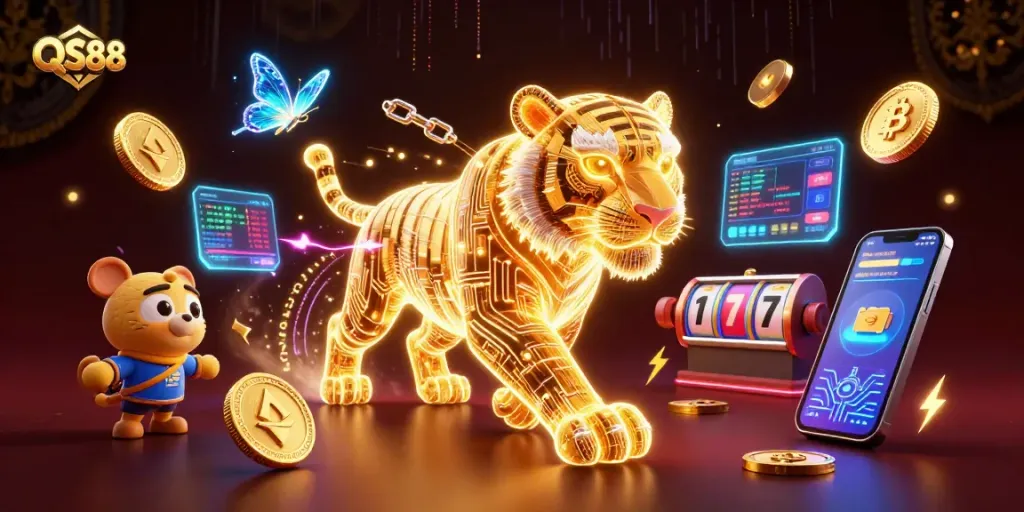 QS88 players winning big in a vibrant digital casino landscape filled with neon elements and crypto coins.