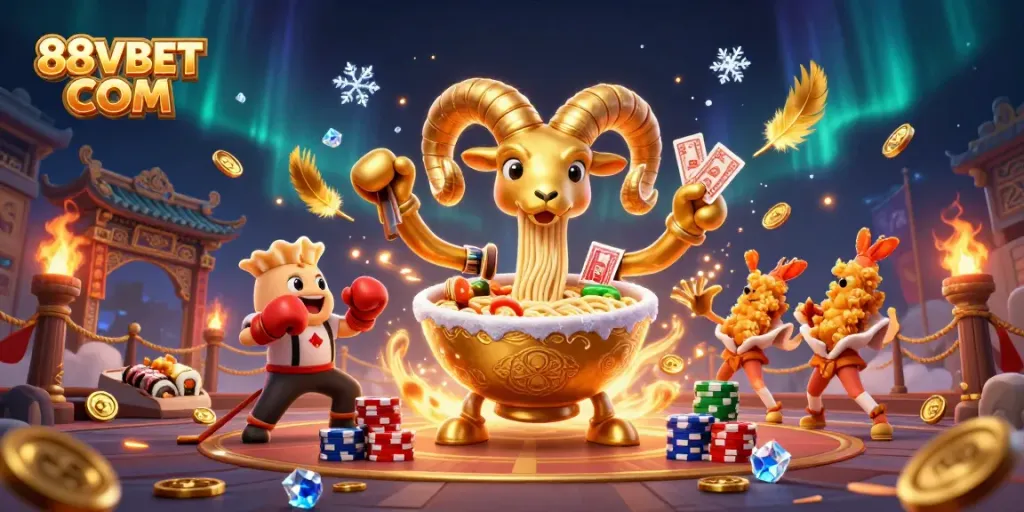 Engage with the vibrant world of 88VBET COM featuring playful casino characters like a golden ramen bowl and sushi dealer.