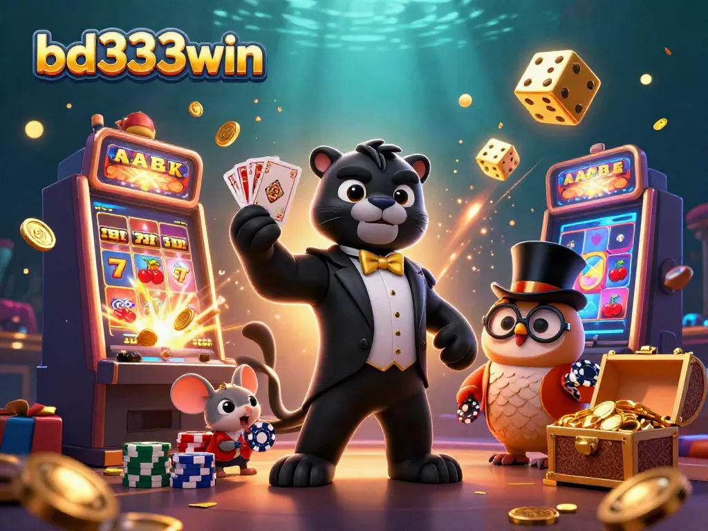 Engage with bd333win as a stylish panther deals cards amidst a vibrant jackpot celebration