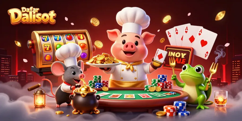 Engage with Daftar balisot through an exciting scene of chefs serving gold coins, amidst dazzling slots.