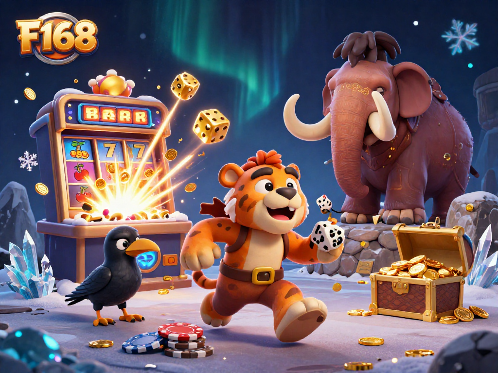 Experience thrilling wins at F168 with an energetic 3D casino adventure depicting unique characters and vibrant gaming elements.