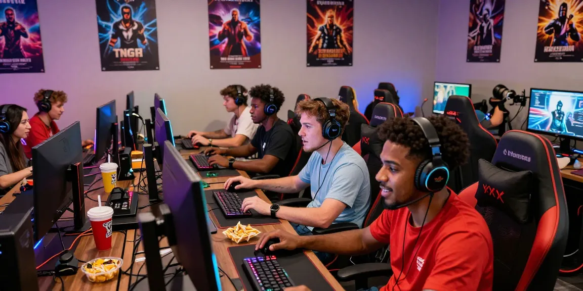 Players enjoying exciting xxx games in a lively gaming lounge with modern setups and colorful lights.