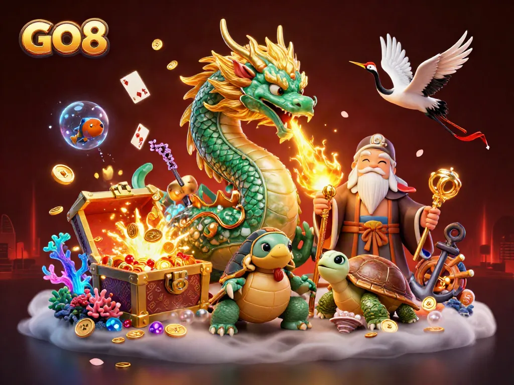 GO8 engages players with a vibrant 3D visual of a jade dragon, luck-filled elements, and vibrant casino themes.
