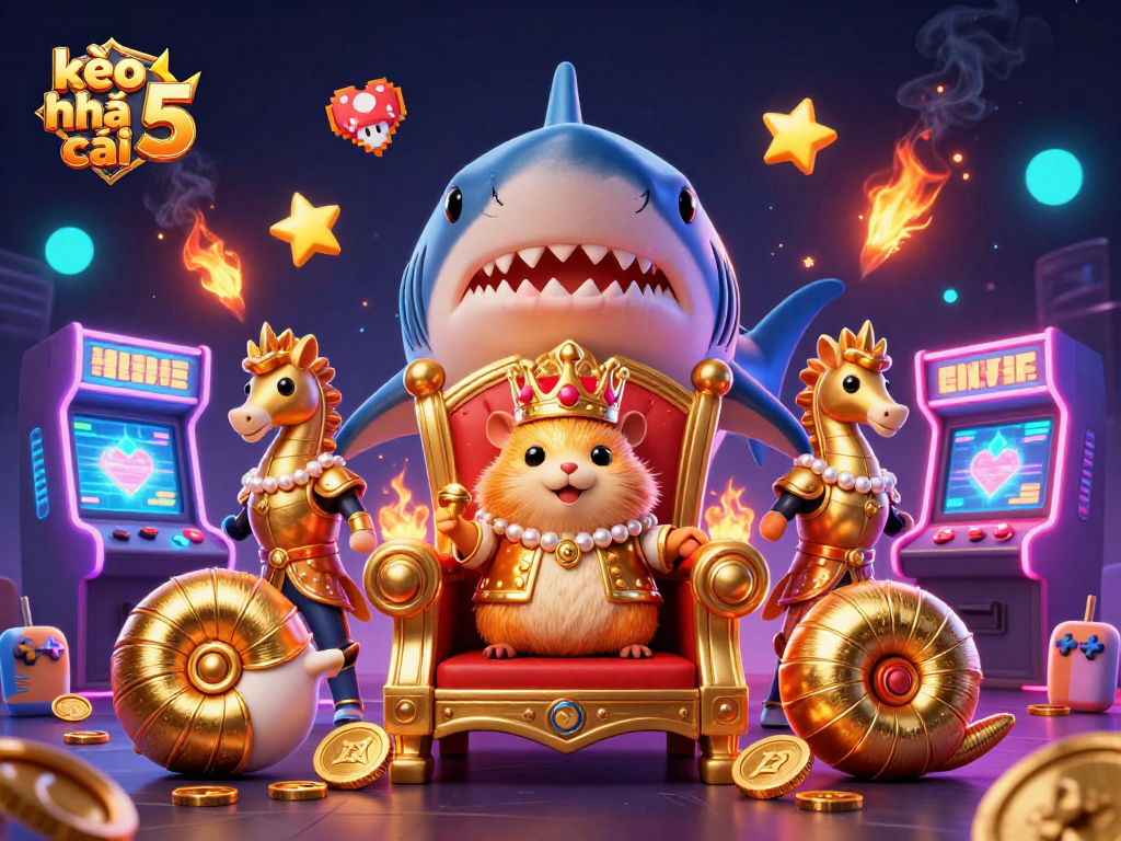 Experience thrilling gaming with kèo nhà cái 5, featuring a hamster king and a vibrant casino arcade setting.