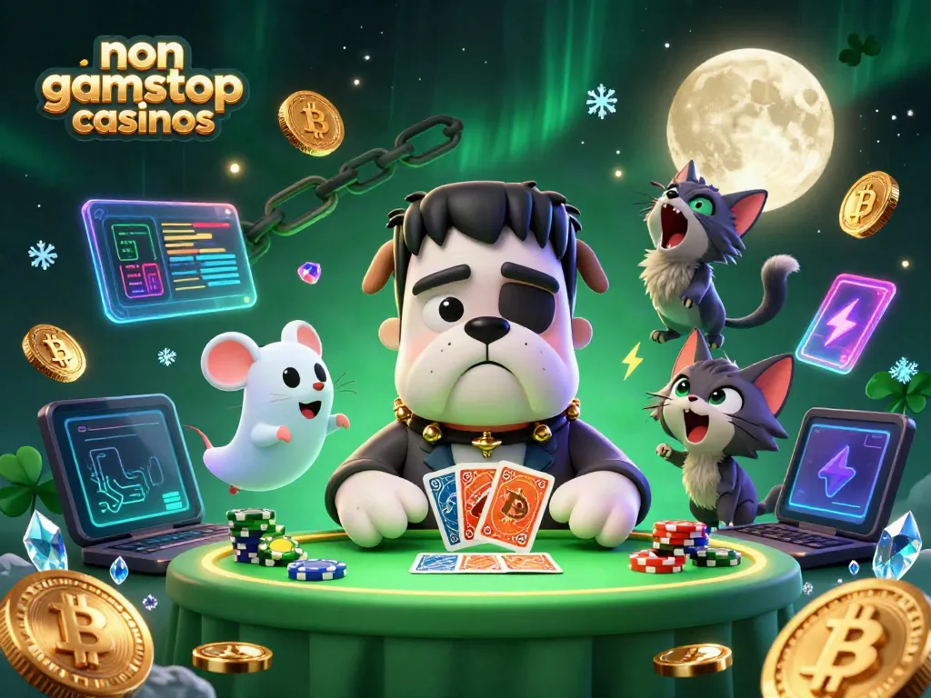 Engaging scene of non gamstop casinos featuring cartoon Frankenstein bulldog character dealing cards, surrounded by crypto elements.