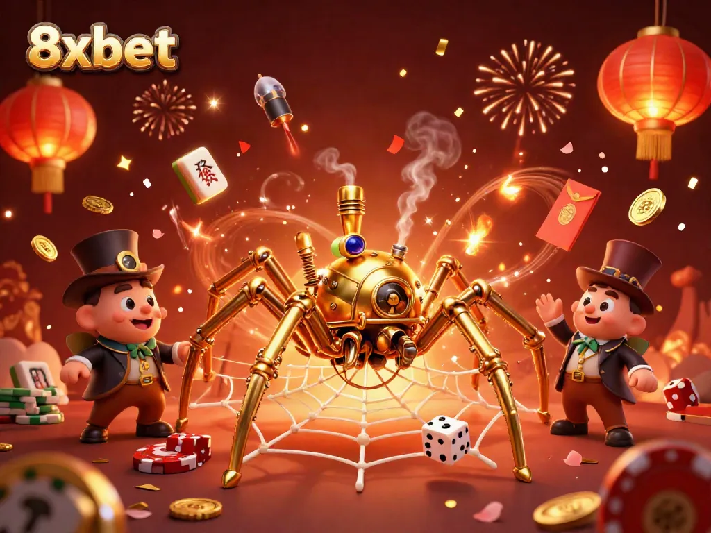 Engage with 8xbet's vibrant gambling experience through a dynamic steampunk casino illustration.