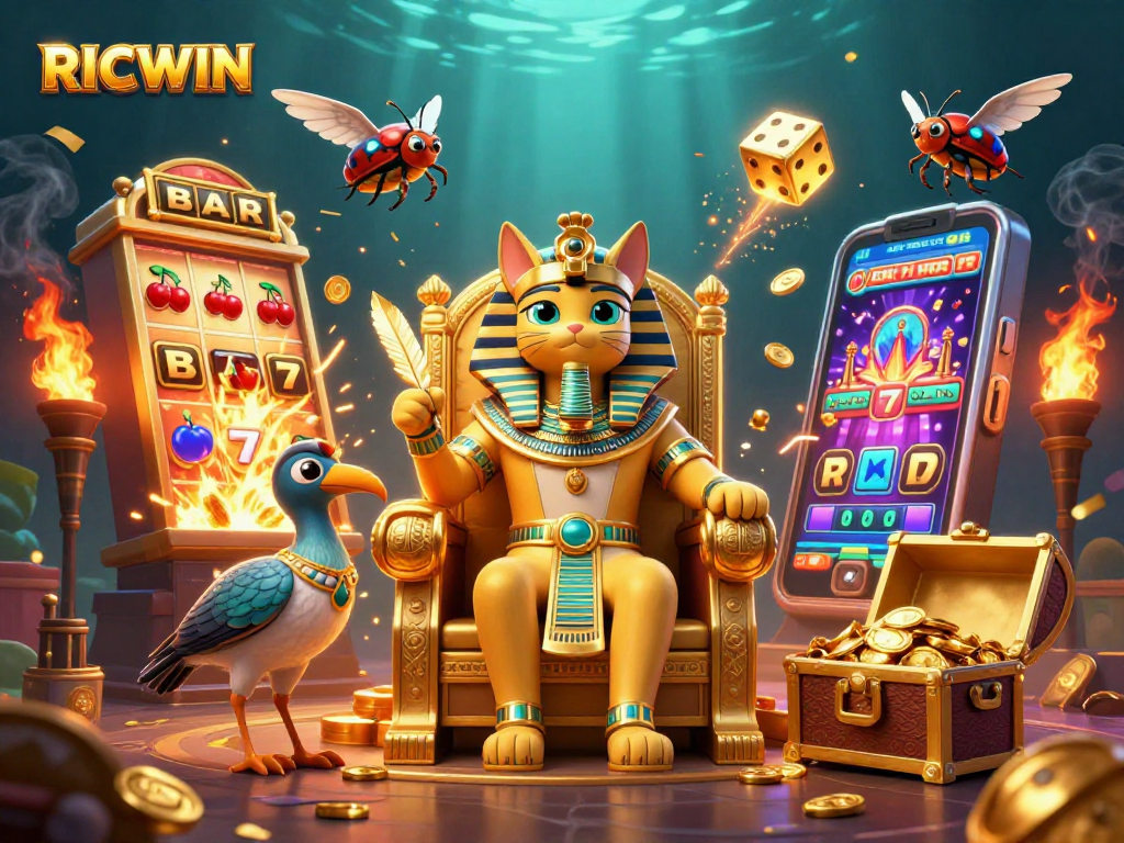 Experience RICWIN with a vibrant scene of a lucky 3D cat pharaoh amid thrilling jackpot symbols.