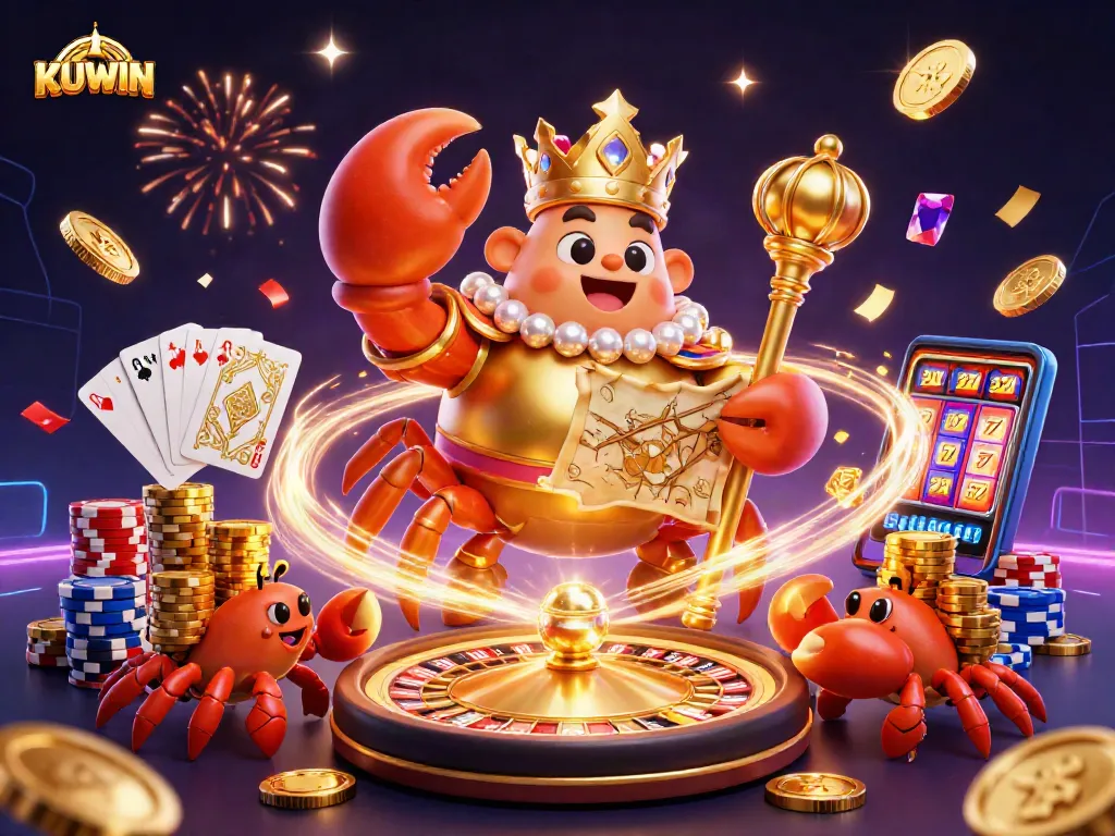 KUWIN casino illustration showcasing a golden crab emperor surrounded by vibrant gambling elements.