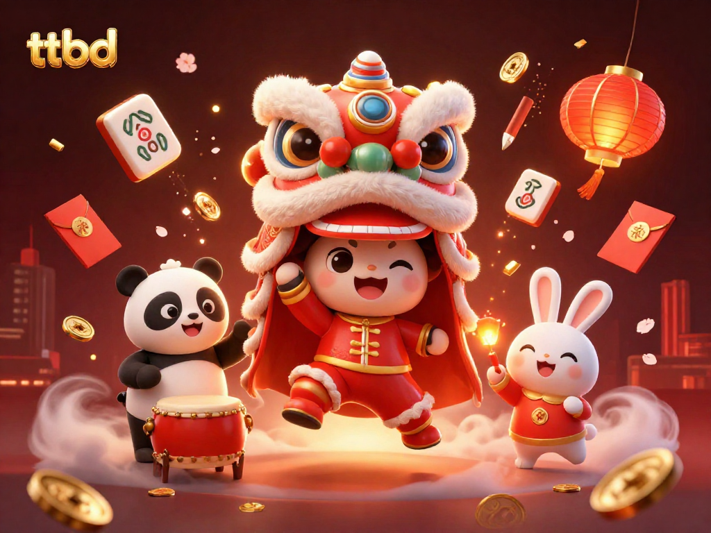 Experience thrilling gameplay with ttbd in this vibrant 3D illustration featuring lucky symbols and festive characters.