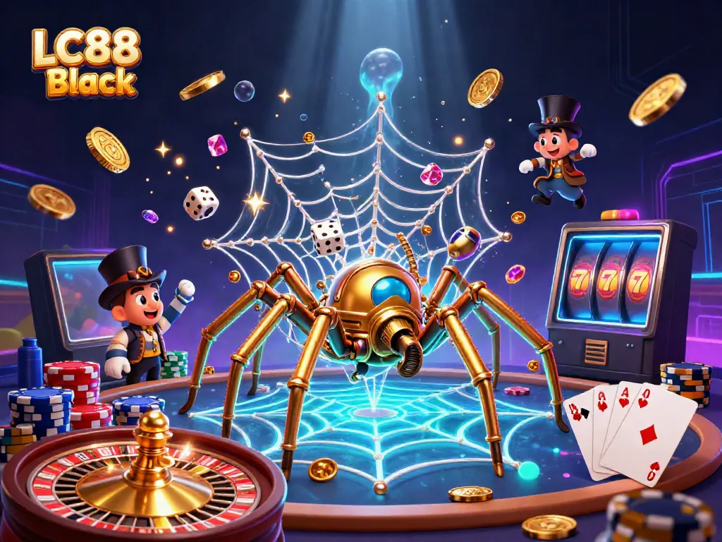 Experience winning excitement with LC88 Black, showcasing a dynamic 3D casino scene bursting with action and luxury.