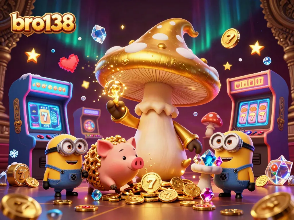 Spin to win with bro138’s magical gaming realm, featuring golden treasures and vibrant arcade machines.