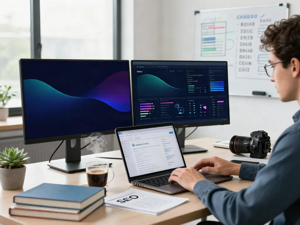 SEO expert analyzing instant indexing strategies in a modern office.