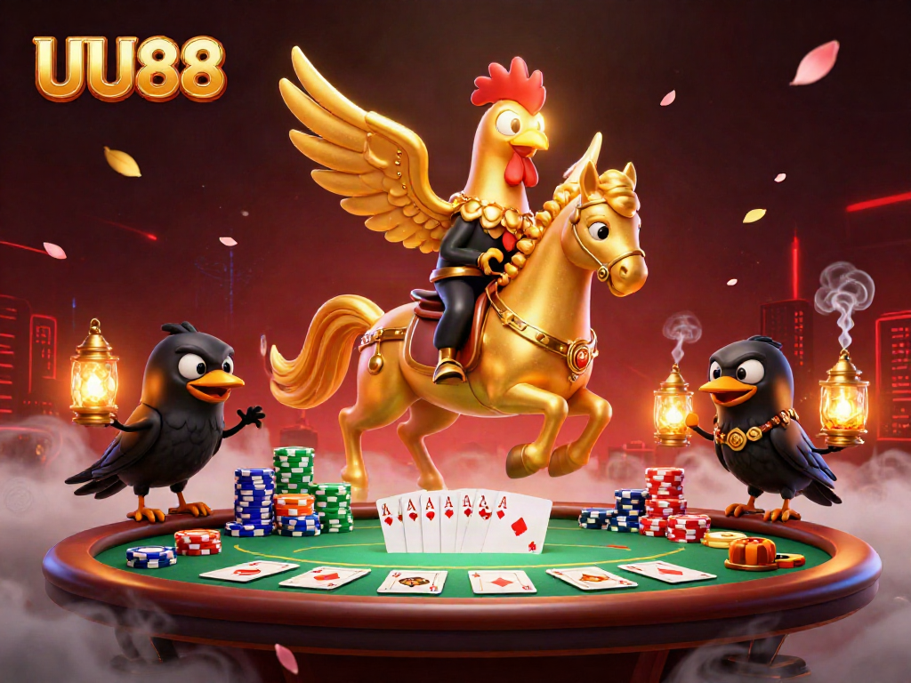 Experience thrilling gameplay with UU88 amidst a mystical casino scene featuring a golden rooster.