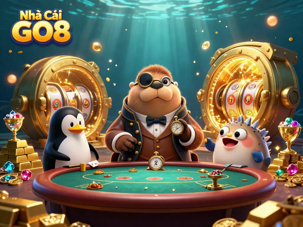 Win big at Nhà Cái GO8 with an underwater poker game featuring vibrant characters and treasures.