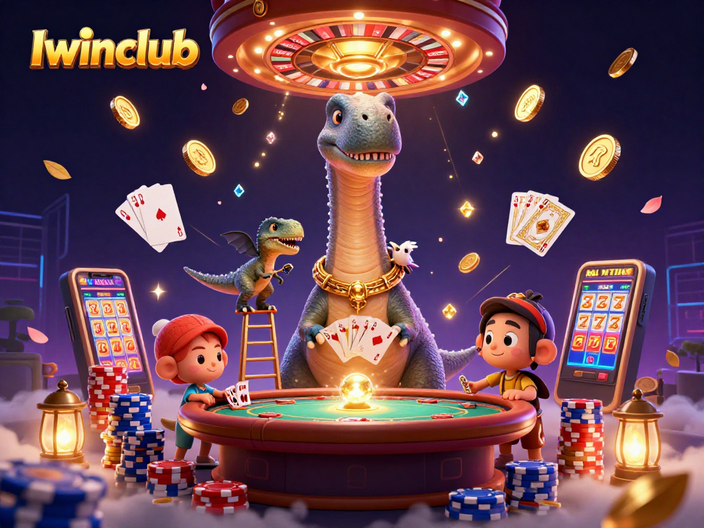 Iwinclub showcases a lively casino scene with a dinosaur, raptor dealer, and vibrant gaming elements.