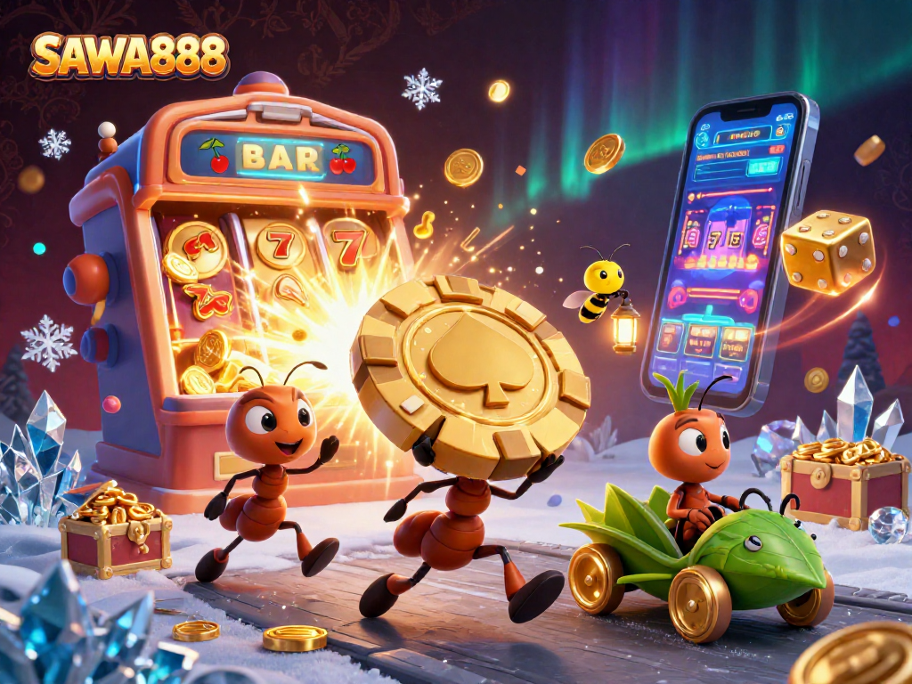 Experience the thrilling action of SAWA888 as cartoon ants steal a giant poker chip in a vibrant casino scene.