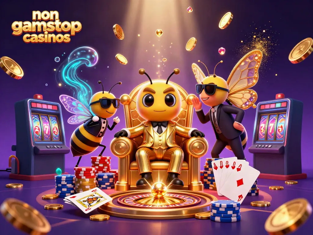 Explore non gamstop casinos with a vibrant 3D cartoon scene featuring a bumblebee mob boss.