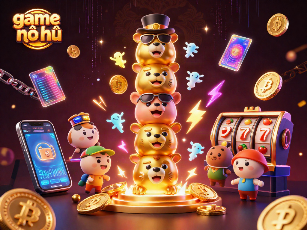 Engage in game nổ hũ with a vibrant 3D illustration showcasing animated totem poles and crypto elements.