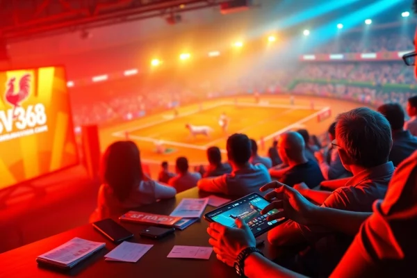 Exciting live cockfighting scene featuring SV368win.live betting interface, capturing vibrant energy.