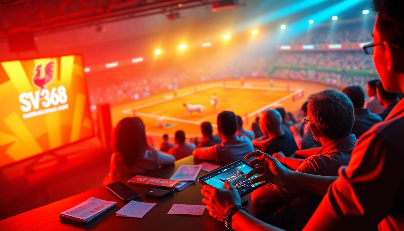Exciting live cockfighting scene featuring SV368win.live betting interface, capturing vibrant energy.