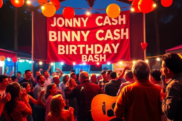 Fans celebrating at the Johnny Cash birthday bash, showcasing vibrant energy and musical performances at johnnycashbirthday.com.