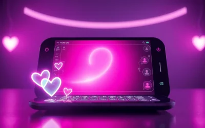 Engaging representation of sex chat AI technology with modern digital interfaces and emotional symbols.