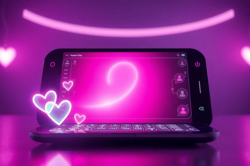 Engaging representation of sex chat AI technology with modern digital interfaces and emotional symbols.