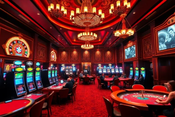 Players enjoying various games at TK88 Casino with vibrant slot machines and elegant decor.
