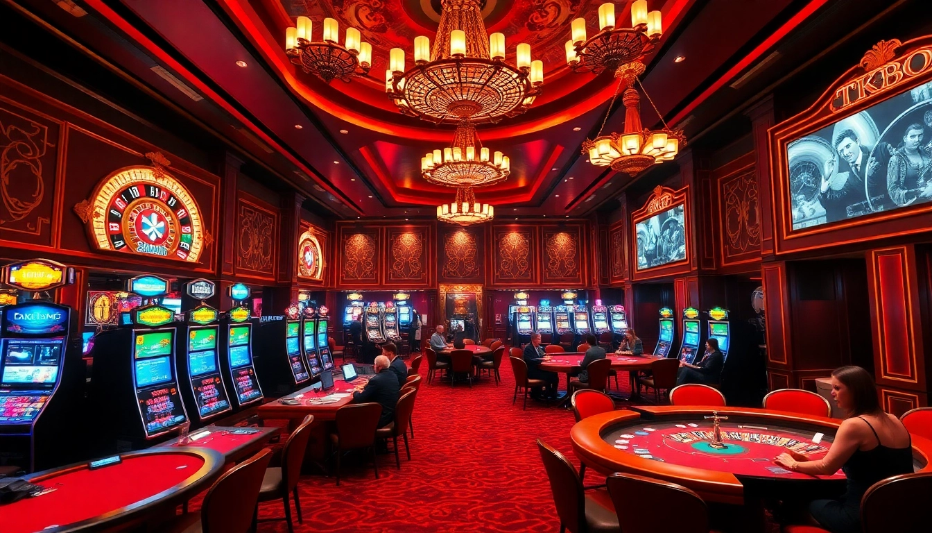 Players enjoying various games at TK88 Casino with vibrant slot machines and elegant decor.