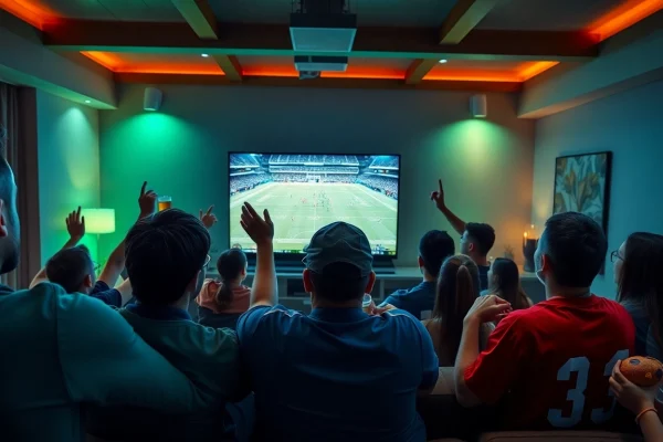 Excited fans enjoying live football on joemadfan.com in a vibrant living room.
