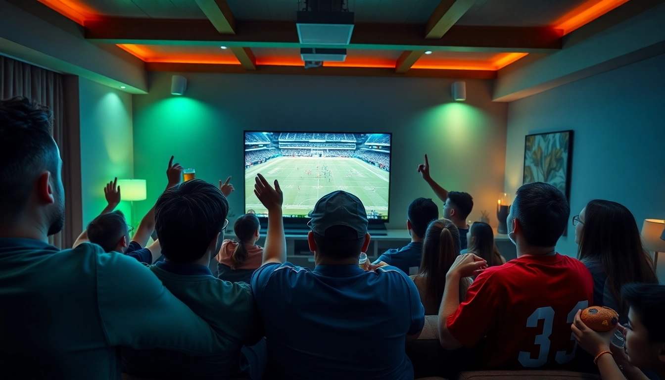 Excited fans enjoying live football on joemadfan.com in a vibrant living room.