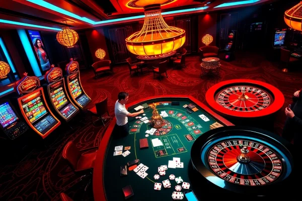 Exciting gambling scene showcasing khuyến mãi five88 with vibrant casino games, chips, and players.