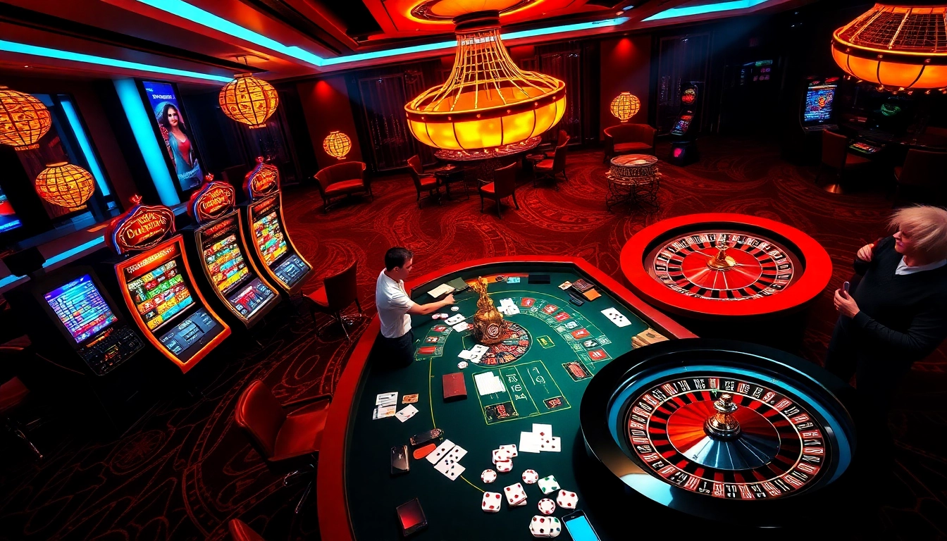 Exciting gambling scene showcasing khuyến mãi five88 with vibrant casino games, chips, and players.