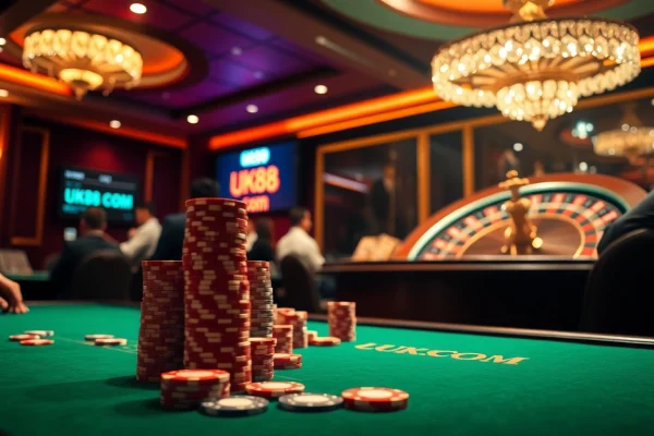 Playing poker at uk88 com casino table with chips and roulette wheel