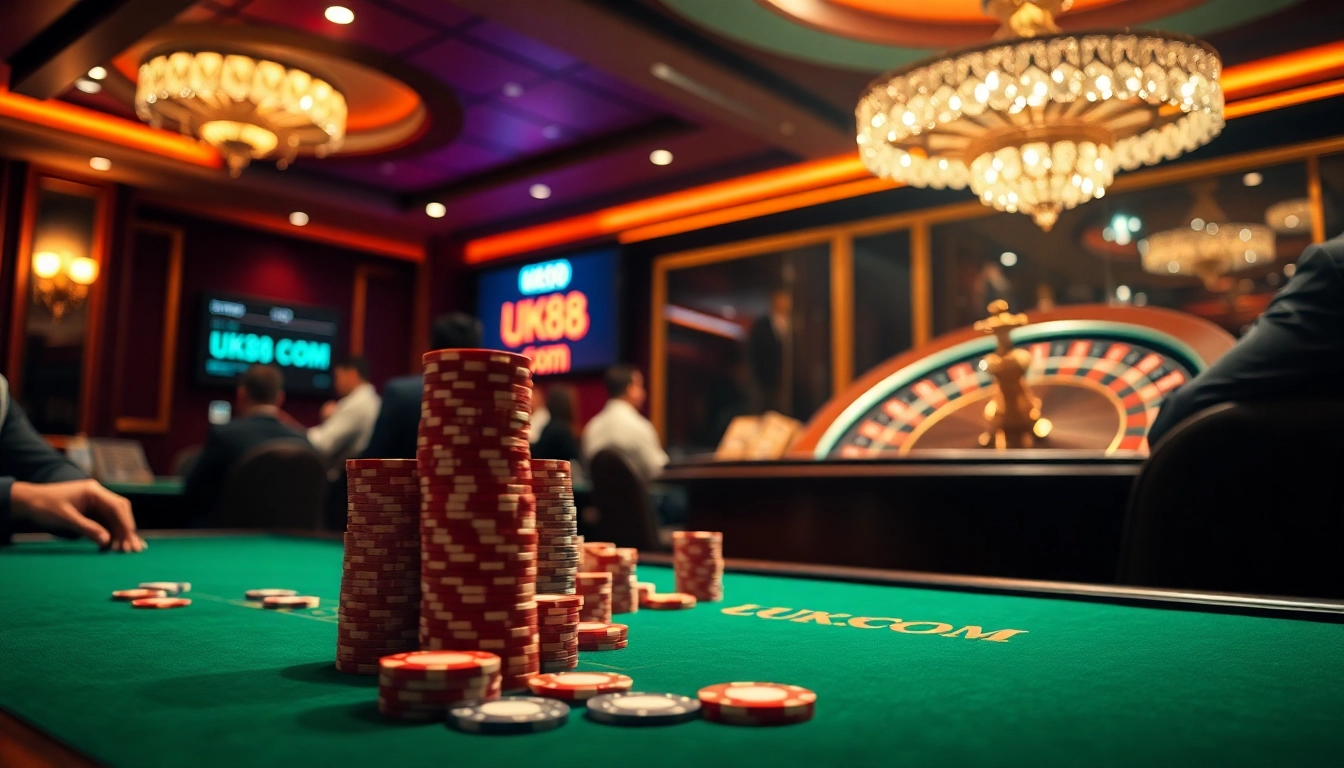 Playing poker at uk88 com casino table with chips and roulette wheel