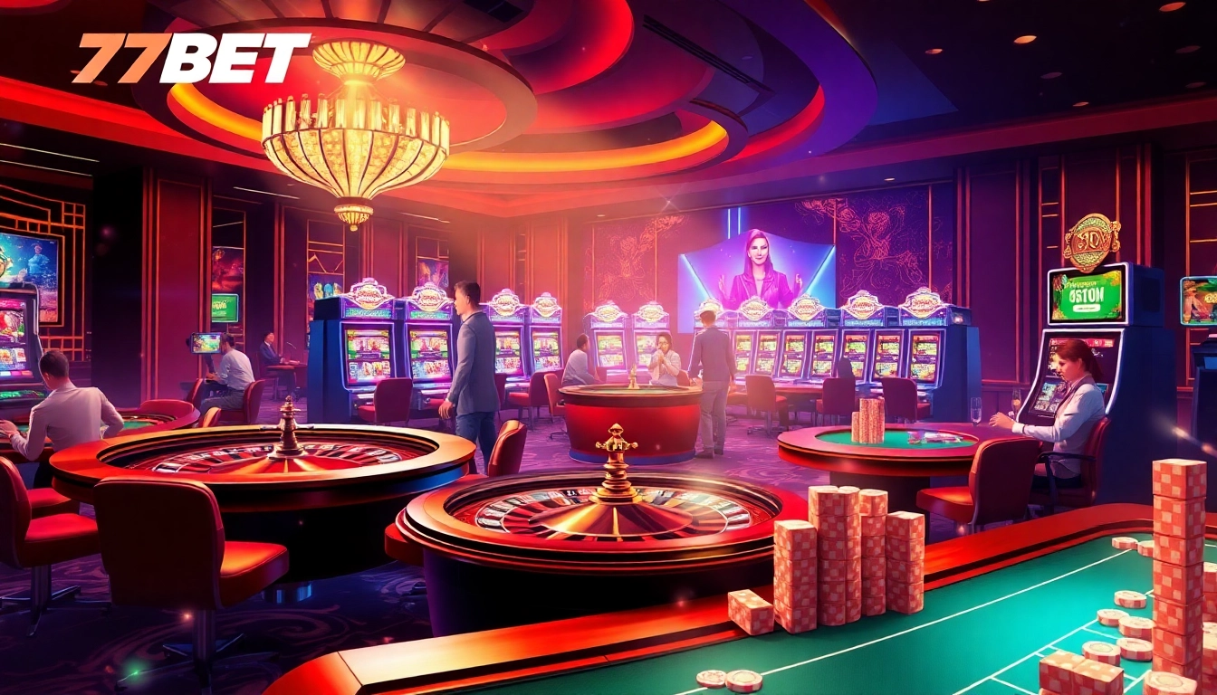 Players enjoying a thrilling gaming experience with 77BET at an upscale casino.