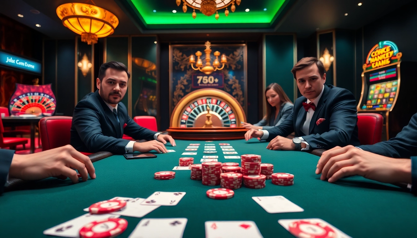 An exciting poker game scene at https://789fcom.asia/ featuring poker chips, cards, and a roulette wheel.