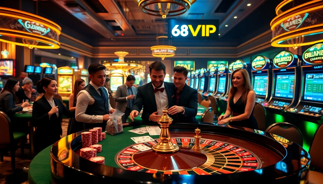 Players enjoying a thrilling game at 68VIP casino with vibrant roulette wheel and cards.