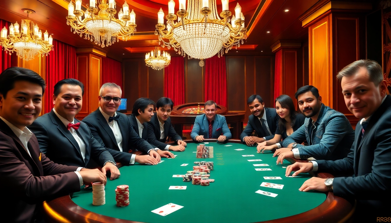 Experience the excitement of RR88.com with players engaging in a high-stakes poker game at a lavish casino.