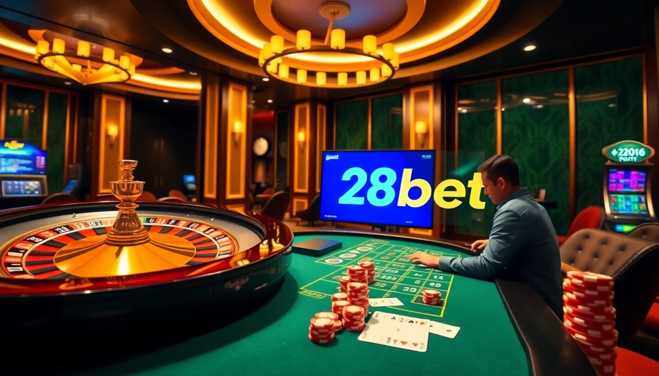 Catching thrilling moments at 28bet with vibrant casino visuals and engaging gambling players.