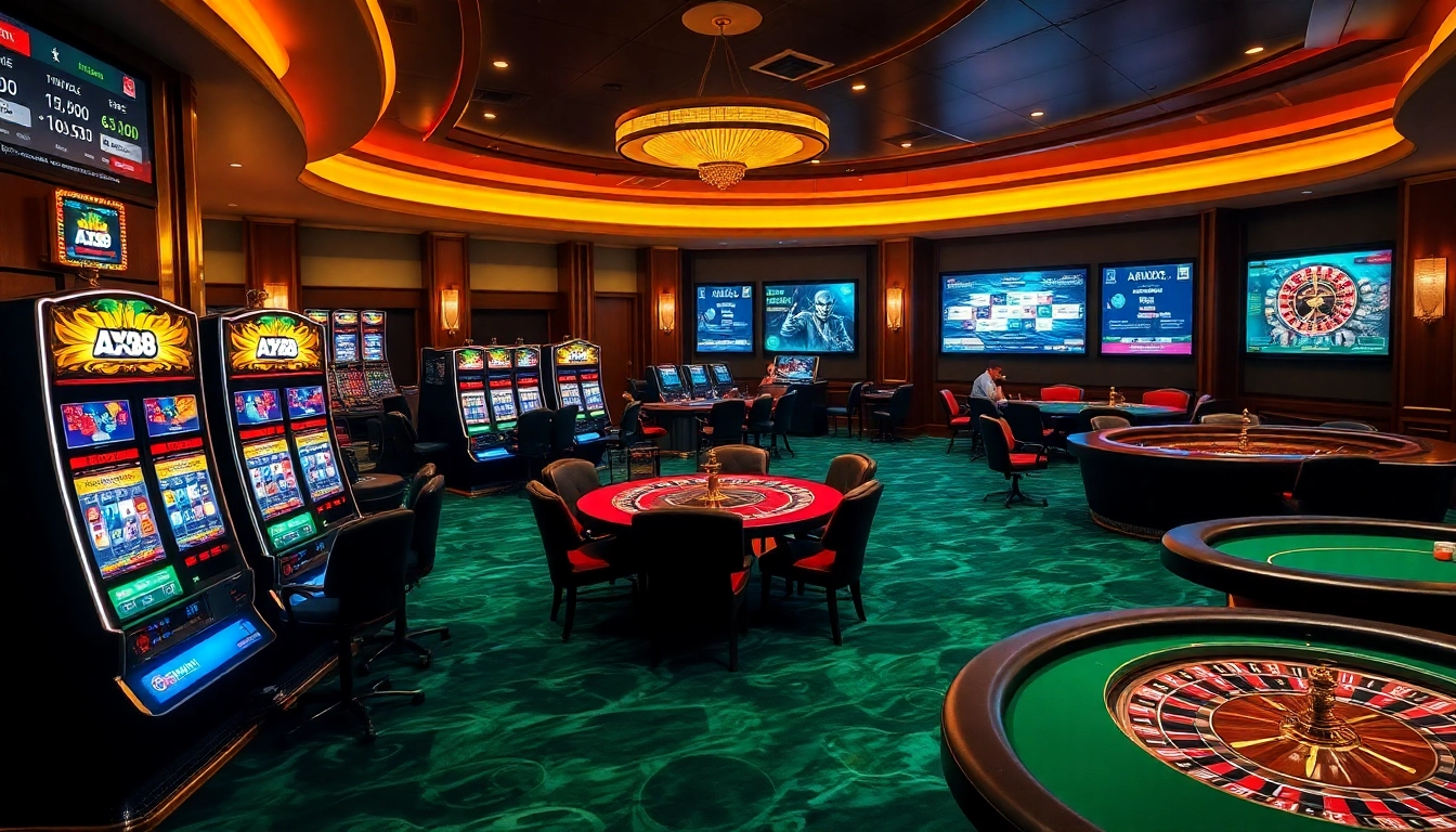 Action in a luxury casino with an AX88 betting interface, showcasing poker tables and slot machines.