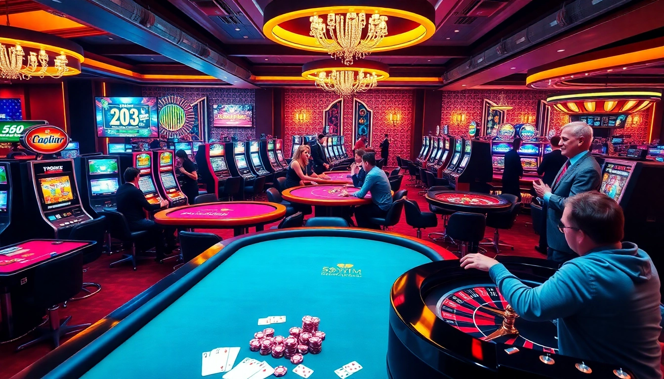Engaging gambling scene at 58wim featuring players, casino tables, and vibrant slot machines.