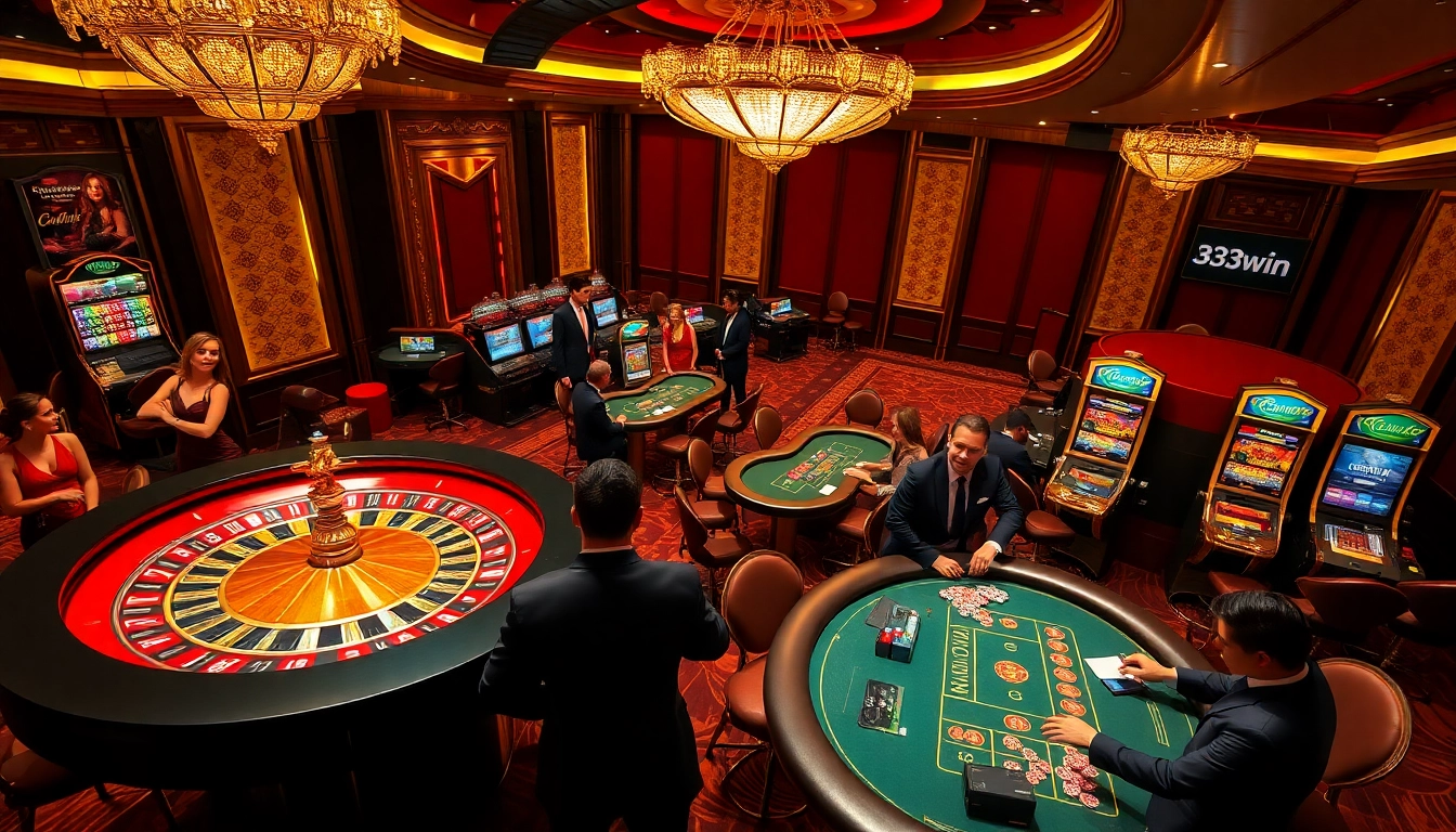 33win players enjoying vibrant casino games at a luxurious venue with roulette, poker, and slots.